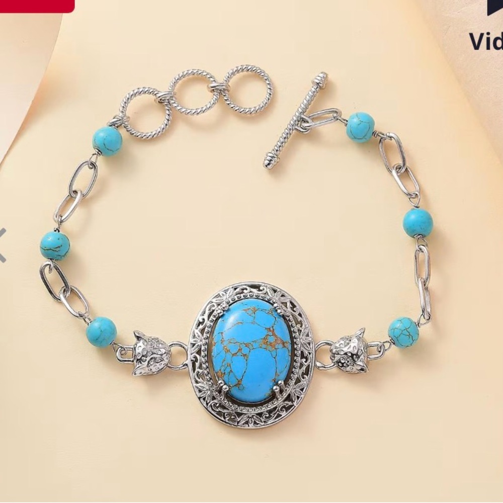 EverTrue Mojave Blue Turquoise 21.60 ctw Paper Clip and Leopard Head Bracelet